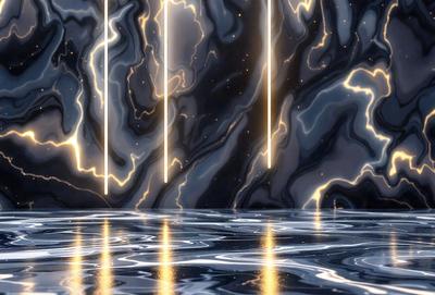The primary subject of the image is a series of three yellow lines or streaks, which are illuminated against a dark background. The setting appears to be a futuristic or industrial environment, with the lines possibly representing a light source or an energy field. The visual style of the image is a combination of photo and digital art, creating a striking contrast between the bright yellow lines and the dark background. The colors and mood of the image are energetic and dynamic, with the yellow lines drawing attention and creating a sense of movement or
