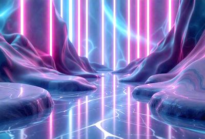 The primary subject of the image is a large, blue, pink, and purple crystal-like structure, which appears to be a part of a futuristic cityscape. The setting is a futuristic environment with a blue and purple background, and the visual style is a combination of digital art and illustration. The colors and mood of the image are vibrant and energetic, creating a sense of wonder and excitement.