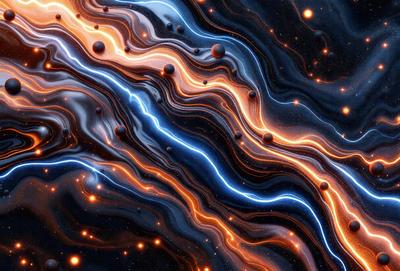 The primary subject of the image is a vibrant and colorful space scene, featuring a swirling pattern of orange, blue, and black colors. The setting is a black background, which contrasts with the brightly colored swirls. The visual style appears to be a combination of digital art and illustration, creating a dynamic and captivating image. The overall atmosphere is energetic and lively, with the swirls resembling a flowing river or a swirling vortex.