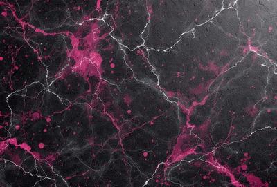 The primary subject of the image is a black and pink marbled surface, which appears to be a patterned wallpaper or a textured wall. The setting is indoors, with the marbled surface serving as the background. The visual style of the image is a close-up, focusing on the intricate patterns and textures of the marbled surface. The dominant colors in the image are black and pink, creating a striking and visually appealing contrast.