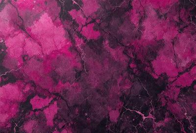 The primary subject of the image is a close-up of a purple marbled wall. The setting is a room with a purple marbled wall as the main focus. The visual style is a close-up of the wall, which gives a detailed view of the marbled pattern. The colors and mood of the image are predominantly purple, creating a calm and soothing atmosphere.