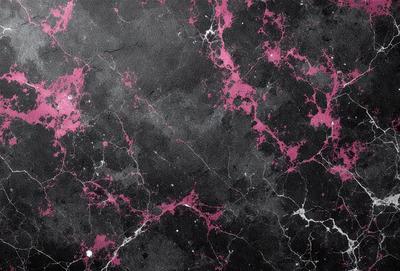 The primary subject of the image is a black and pink marbled surface. The setting is a black and pink marbled wall, which serves as the background. The visual style is a close-up of the marbled surface, showcasing its intricate patterns. The colors and mood of the image are predominantly black and pink, creating a striking and visually appealing contrast.