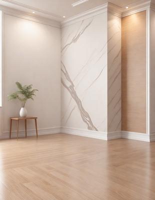 The primary subject of the image is a white marble wall with a patterned design. The setting is a room with a wooden floor and a window. The visual style is a photo, and the colors and mood are predominantly white, giving the room a clean and minimalist appearance.
