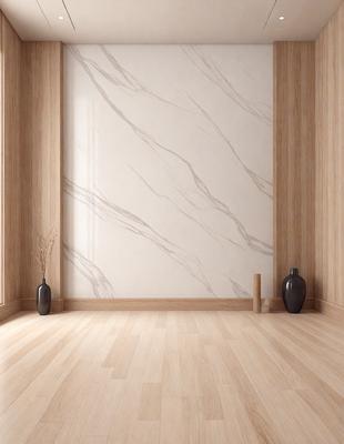 The primary subject of the image is a marble wall, which is the main focus of the scene. The setting is a room with a wooden floor, and the visual style appears to be a photo. The colors and mood of the image are predominantly neutral, with the marble wall being the main source of color and texture.