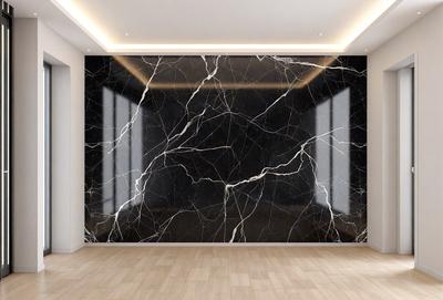 The primary subject of the image is a marble wall with a black and white pattern. The setting is a room with a window, and the visual style appears to be a photo. The colors and mood of the image are predominantly black and white, giving it a classic and elegant appearance.