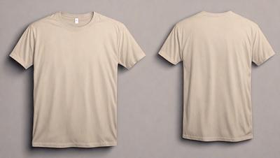 The primary subject of the image is a tan t-shirt. The setting is a white background, and the visual style is a photo. The colors and mood of the image are neutral and calm, with the tan t-shirt being the main focus.