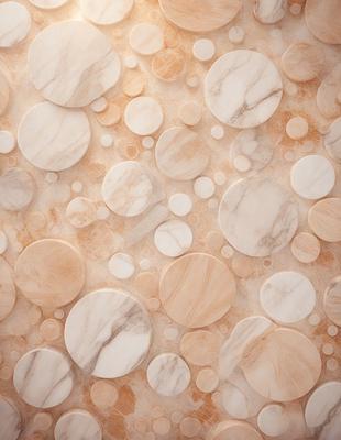 The primary subject of the image is a marble wall with a pattern of circles. The setting is a room with a marble surface, and the visual style is a close-up of the marble wall. The dominant colors are white and beige, giving the wall a clean and elegant appearance. The overall atmosphere is sophisticated and luxurious.