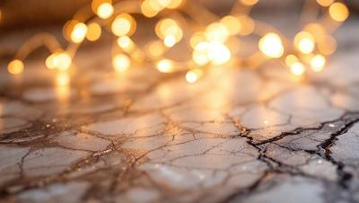 The primary subject of the image is a close-up of a cracked, damaged, and textured surface. The setting is a room with a light source, possibly a Christmas tree, creating a warm and festive atmosphere. The visual style is a combination of a photo and digital art, with the cracked surface appearing as a textured pattern. The colors and mood are predominantly warm and inviting, with the light source adding a sense of celebration and joy to the scene.
