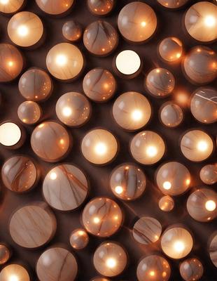 The primary subject of the image is a large number of lighted balls, which are arranged in a pattern. The setting is a dark background, which contrasts with the brightly lit balls. The visual style is a combination of a photo and digital art, creating a unique and eye-catching pattern. The colors and mood of the image are predominantly warm and inviting, with the lighted balls creating a sense of warmth and energy.