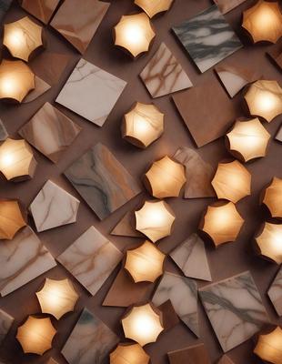 The primary subject of the image is a wall covered in a pattern of lighted stars. The setting is a room with a marble wall, and the visual style appears to be a combination of digital art and illustration. The dominant colors are white and orange, creating a warm and inviting atmosphere.