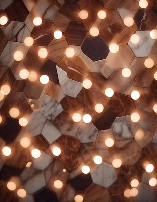 The primary subject of the image is a pattern of lights, which are arranged in a hexagonal shape. The setting is a marble surface, and the visual style appears to be a combination of digital art and illustration. The dominant colors in the image are white and orange, creating a warm and inviting atmosphere.