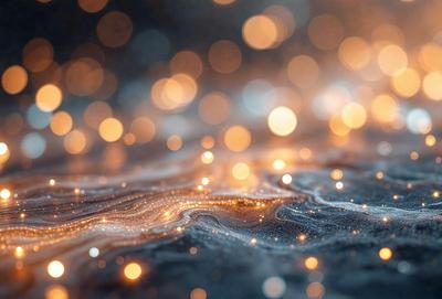The primary subject of the image is a close-up of a shimmering, glowing, and sparkling surface, possibly a water surface or a light-reflecting surface. The setting is a dark background, which contrasts with the bright and colorful lights. The visual style appears to be a combination of a photo and digital art, as the lighting and colors create a unique and captivating effect. The overall atmosphere is one of beauty and intrigue, as the viewer is drawn to the mesmerizing glow