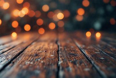 The primary subject of the image is a wooden floor with a pattern of lights on it. The setting is a room with a wooden floor, and the visual style is a photo. The dominant colors are orange and brown, creating a warm and inviting atmosphere.