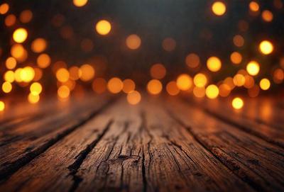 The primary subject of the image is a wooden floor with a row of lights shining on it. The setting is a dark room, and the visual style appears to be a photo. The dominant colors are the warm glow of the lights and the wooden floor, creating a cozy and inviting atmosphere.