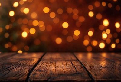 The primary subject of the image is a wooden table with a light shining on it. The setting is a room with a wooden floor, and the visual style is a photo. The dominant colors are orange and yellow, creating a warm and inviting atmosphere.