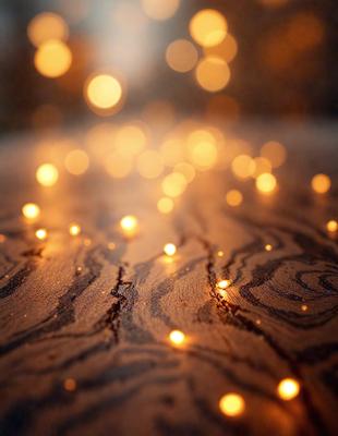 The primary subject of the image is a wooden floor with a pattern of lights on it. The setting is a room with a wooden surface, and the visual style appears to be a photo. The dominant colors are yellow and orange, creating a warm and inviting atmosphere.
