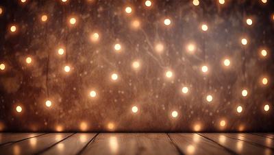 The primary subject of the image is a wall with a pattern of lights on it. The wall appears to be made of wood and has a brown color. The lights are scattered across the wall, creating a visually appealing and warm atmosphere. The setting is indoors, and the visual style is a close-up of the wall with the lights. The colors and mood of the image are predominantly warm and inviting, with the lights providing a sense of warmth and coziness.