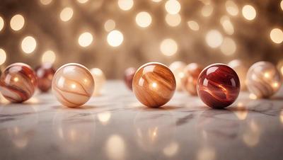 The primary subject of the image is a group of five marble balls, each with a different color, sitting on a table. The setting is a table with a marble surface, and the visual style is a photo. The colors and mood of the image are warm and inviting, with the marble balls creating a visually appealing display.
