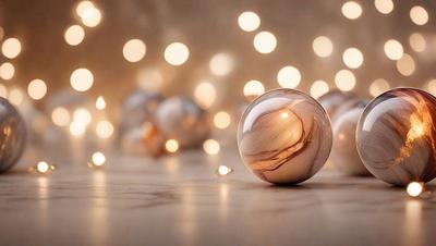 The primary subject of the image is a marble ball, which is the main object in the scene. The setting is a table with a patterned surface, and the visual style is a photo. The colors and mood of the image are warm and inviting, with the marble ball being the focal point.