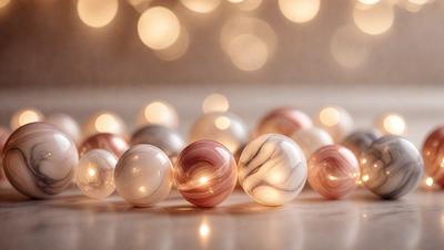 The primary subject of the image is a group of marble balls, which are the main objects in the scene. The setting is a white table, and the visual style is a photo. The colors and mood of the image are predominantly white, with the marble balls being the main focus and creating a clean and elegant atmosphere.