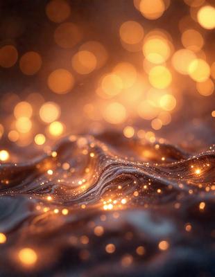 The primary subject of the image is a close-up of a shiny, glowing surface, possibly a piece of fabric or a piece of artwork. The setting appears to be a dark room, with the glowing surface being the main focus of the image. The visual style is a combination of a photo and digital art, creating a unique and captivating atmosphere. The colors and mood of the image are predominantly dark and moody, with the glowing surface providing a contrasting and eye-catching