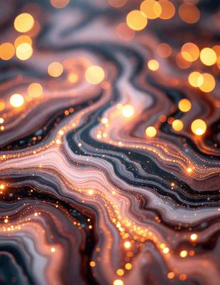 The primary subject of the image is a close-up of a marble surface with a pattern of lights on it. The setting is a dark background, which contrasts with the bright lights on the marble. The visual style is a combination of a photo and digital art, creating a unique and intriguing pattern. The colors and mood of the image are predominantly dark, with the bright lights on the marble providing a striking contrast.
