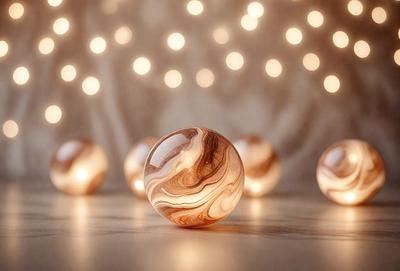 The primary subject of the image is a wooden ball, which is the main object in the scene. The setting is a table, and the visual style is a photo. The colors and mood of the image are warm and inviting, with the wooden ball being the focal point.