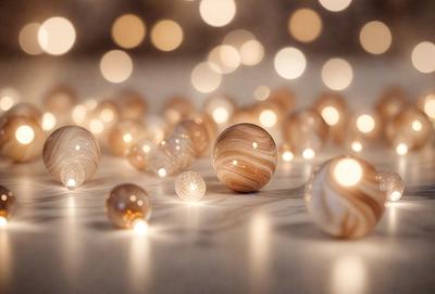 The primary subject of the image is a group of lighted glass balls. The setting is a white surface, possibly a table or a wall, where the balls are placed. The visual style appears to be a combination of a photo and digital art, as the glass balls are illuminated and have a slightly surreal appearance. The colors and mood of the image are predominantly white and light, creating a serene and calming atmosphere.