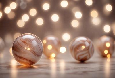 The primary subject of the image is a group of five marble balls, each with a different color, sitting on a table. The setting is a room with a wooden table, and the visual style is a close-up of the marble balls. The colors and mood of the image are warm and inviting, with the marble balls glowing in the light.