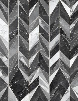 The primary subject of the image is a black and white marble tile pattern. The setting is a wall with a black and white marble tile pattern. The visual style is a close-up of the tile pattern. The colors and mood are predominantly black and white, giving the image a classic and elegant appearance.