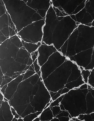 The primary subject of the image is a black marble countertop with a pattern of white veins. The setting is a kitchen, and the visual style is a close-up of the marble countertop. The colors and mood of the image are predominantly black and white, giving it a classic and elegant appearance.