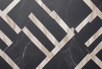 The primary subject of the image is a black and white marble tile pattern. The setting is a black background, which contrasts with the white marble tiles. The visual style is a pattern, and the colors and mood are predominantly black and white, giving the image a classic and elegant appearance.