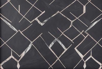 The primary subject of the image is a black and white patterned wallpaper. The setting is a room with a black and white checkered pattern on the wall. The visual style is a combination of a photo and a digital art, creating a unique and intricate design. The colors and mood of the image are predominantly black and white, giving it a classic and timeless appearance.