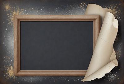 The primary subject of the image is a wooden frame with a black chalkboard inside. The setting is a room with a black background, and the visual style is a painting or drawing. The colors and mood of the image are dark and moody, with the black chalkboard and the black background creating a dramatic atmosphere.