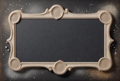 The primary subject of the image is a wooden frame with a decorative design. The setting is a black background, which contrasts with the wooden frame. The visual style is a combination of a photo and digital art, as the wooden frame appears to be a part of a digital artwork. The colors and mood of the image are predominantly dark, with the wooden frame being the main focal point.