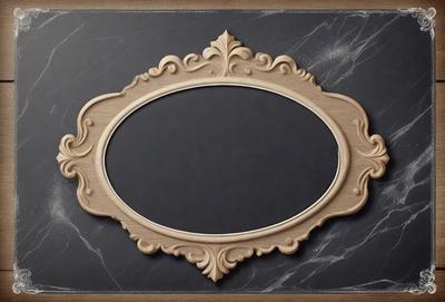 The primary subject of the image is a wooden framed mirror with a black background. The mirror is adorned with intricate carvings, giving it an antique and elegant appearance. The setting is a dark room, which contrasts with the mirror's design and adds a dramatic effect to the scene. The visual style of the image is a combination of photo and digital art, as the mirror's frame appears to be a photograph, while the intricate carvings and overall design give the impression of a digital artwork