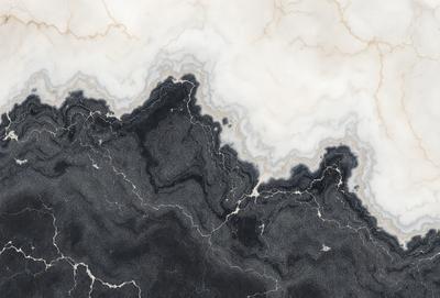 The primary subject of the image is a black and white marble pattern. The setting is a white marble surface, which serves as the background. The visual style is a combination of a photo and digital art, creating a unique and intricate pattern. The colors and mood of the image are predominantly black and white, giving it a classic and elegant appearance.