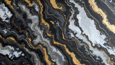 The primary subject of the image is a marble-like stone with a gold-like pattern. The setting is a stone wall, and the visual style appears to be a combination of a photo and digital art. The colors and mood of the image are predominantly dark, with the gold-like pattern adding a touch of warmth and contrast.