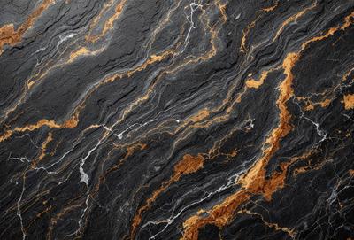 The primary subject of the image is a close-up of a marble surface with a pattern of orange and yellow streaks. The setting is a stone wall, and the visual style appears to be a photo. The dominant colors in the image are orange and yellow, creating a warm and vibrant atmosphere.