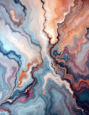 The primary subject of the image is a colorful, abstract painting featuring a mix of blue, orange, and purple hues. The painting is displayed on a wall, creating a vibrant and lively atmosphere. The visual style of the painting suggests that it is a digital art or illustration, rather than a photo or traditional painting. The colors and mood of the painting evoke a sense of creativity and artistic expression.