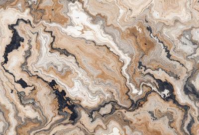 The primary subject of the image is a marble-like patterned surface, which appears to be a stone or a marble-like material. The setting is a close-up of the pattern, showcasing the intricate details of the design. The visual style is a close-up of the pattern, which gives a sense of depth and texture to the image. The colors and mood of the image are predominantly earthy tones, such as brown, beige, and gray, which create a natural and timeless