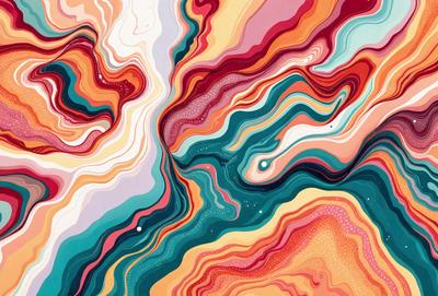 The primary subject of the image is a colorful, abstract painting featuring a mix of blue, orange, and red hues. The painting is displayed on a wall, creating a vibrant and lively atmosphere. The visual style of the painting is a combination of digital art and illustration, showcasing a unique and creative approach to artistic expression. The colors and mood of the painting evoke a sense of energy and vibrancy, making it an eye-catching and memorable piece of art.