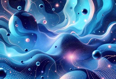 The primary subject of the image is a blue, swirling, and colorful space filled with stars and bubbles. The setting is a celestial background, and the visual style is a digital art or illustration. The dominant colors are blue and purple, creating a serene and calming atmosphere.