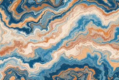 The primary subject of the image is a blue and orange swirling pattern, which appears to be a painting or a digital artwork. The setting is a wall, and the visual style is a combination of painting and digital art. The dominant colors are blue and orange, creating a vibrant and lively atmosphere.