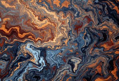 The primary subject of the image is a close-up of a colorful, swirling, and intricate pattern. The setting is a blue and orange background, which adds to the vibrant atmosphere of the scene. The visual style appears to be a combination of a photo and digital art, creating a unique and captivating image. The dominant colors are blue and orange, which evoke a sense of warmth and energy.
