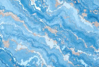 The primary subject of the image is a blue and white marbled wall. The setting is a room with a blue and white marbled wall as the main focus. The visual style is a close-up of the marbled wall, showcasing its intricate patterns. The dominant colors are blue and white, creating a calm and serene atmosphere.