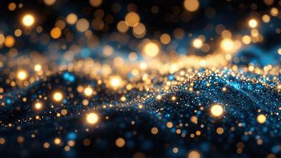 The primary subject of the image is a brightly lit, blue background with a pattern of yellow and blue lights. The setting appears to be a dark space, possibly a night sky or a room with a blue light source. The visual style of the image is a combination of a photo and digital art, creating a unique and captivating atmosphere. The dominant colors in the image are blue and yellow, with the blue background and yellow and blue lights creating a vibrant and luminous scene.