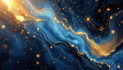 The primary subject of the image is a blue and gold swirl pattern, which appears to be a digital art or illustration. The setting is a dark blue background, and the visual style is a combination of digital art and illustration. The dominant colors are blue and gold, creating a sense of depth and richness in the image.