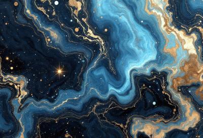The primary subject of the image is a blue and gold swirling pattern, which appears to be a piece of art or a decorative design. The setting is a night sky, with stars visible in the background. The visual style of the image is a combination of digital art and illustration, creating a unique and captivating appearance. The dominant colors in the image are blue and gold, giving it a rich and luxurious feel.