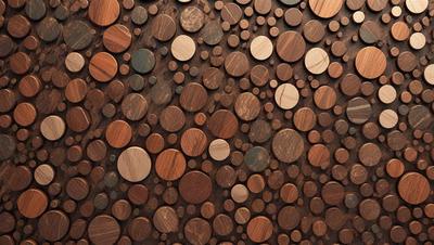 The primary subject of the image is a wooden surface with a pattern of circles. The setting is a wooden wall, and the visual style is a close-up of the wooden surface. The circles are arranged in a visually appealing manner, creating a unique and interesting pattern. The dominant colors are brown and orange, giving the wooden surface a warm and natural appearance.